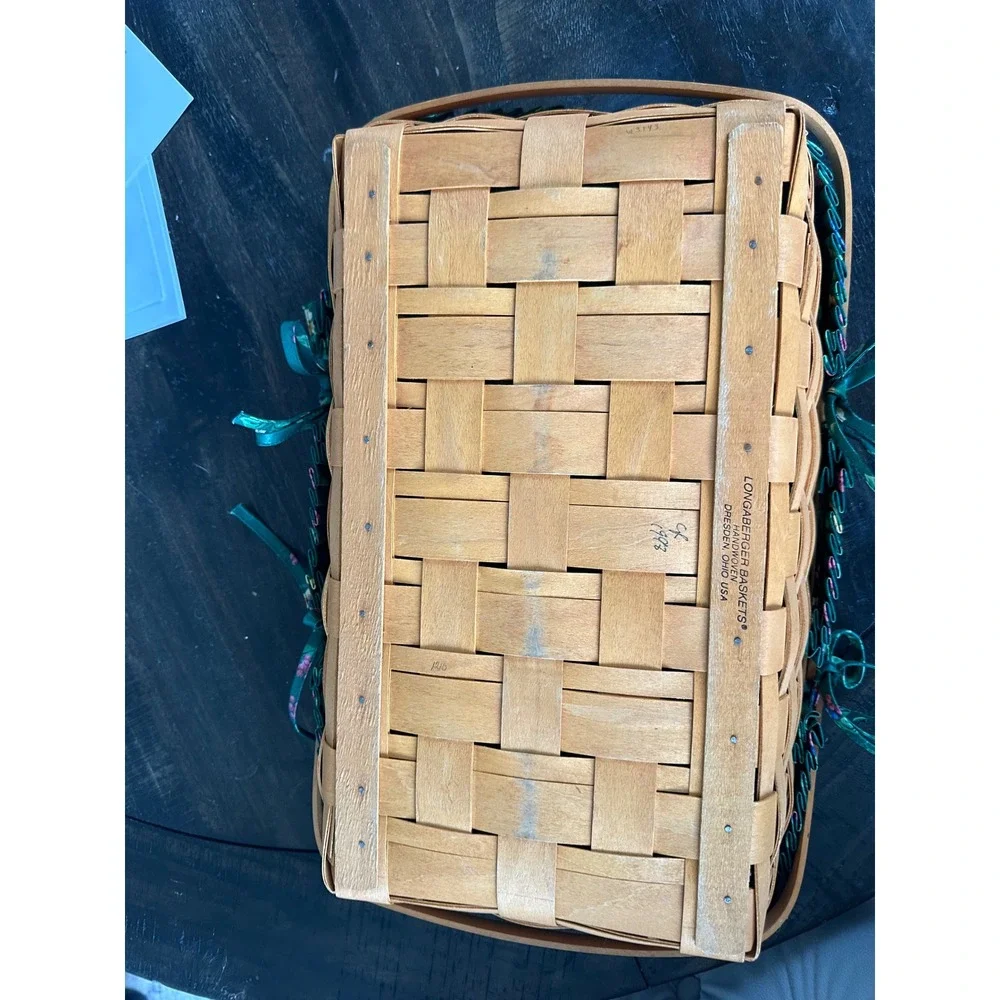Longaberger 1993 Handwoven Basket Green Floral Liner Plastic Insert Dual Handles